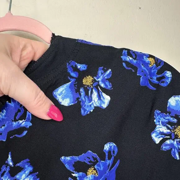 Proenza Schouler Floral Print Blue Black Tie Back Short Sleeve Mini Shift Dress - Picture 5 of 16